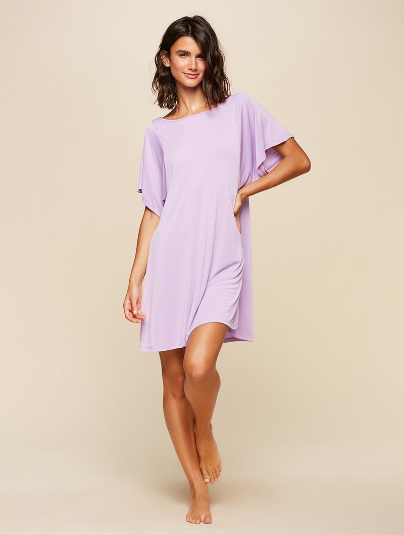 Vestido Manga Curta Lisos Básicos Roxo Água Doce